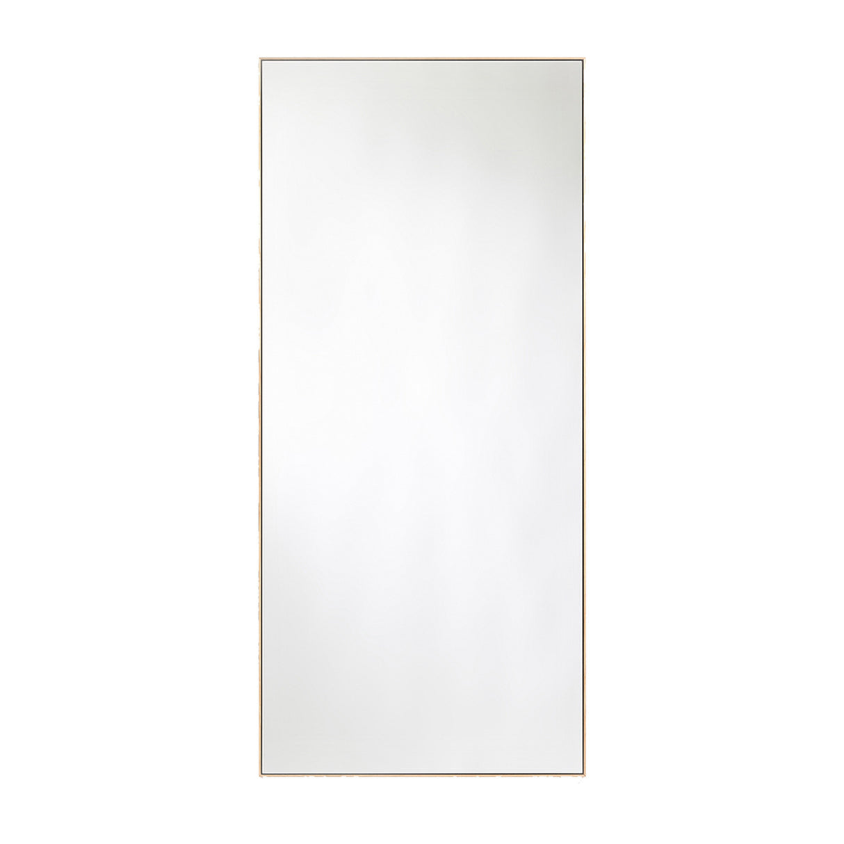 Full length rectangular mirror in a slim solid oak frame, the timber left pale and square edged, on a plain white background.