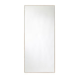 Full length rectangular mirror in a slim solid oak frame, the timber left pale and square edged, on a plain white background.
