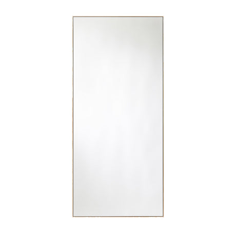 Full length rectangular mirror in a slim solid oak frame, the timber left pale and square edged, on a plain white background.