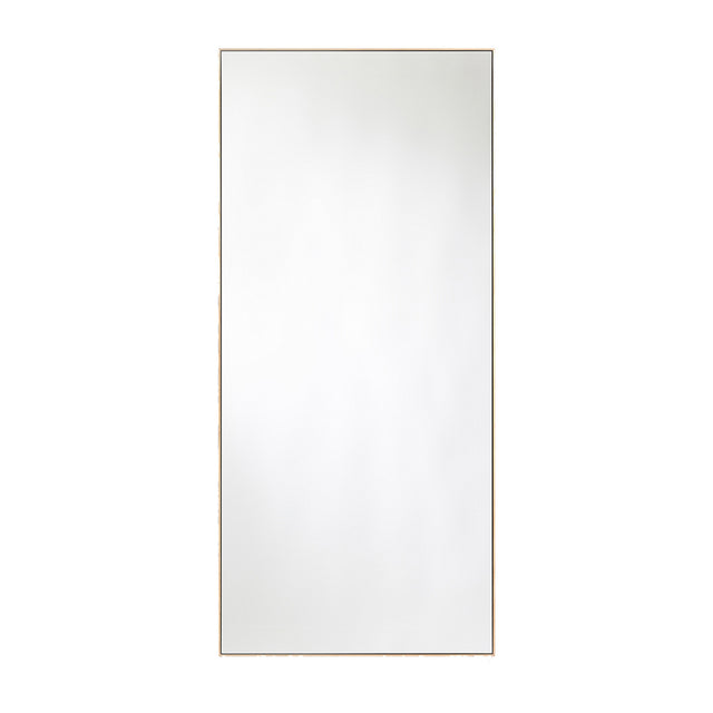Full length rectangular mirror in a slim solid oak frame, the timber left pale and square edged, on a plain white background.