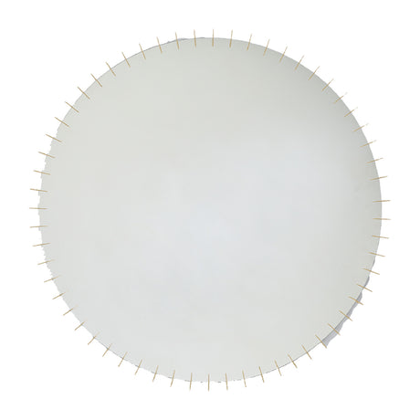 Round mirror ringed by small gold discs set at even intervals around the whole edge, on a plain white background.