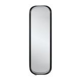 Narrow upright wall mirror with oval glass held in a black metal frame that curves away from the wall, on a plain background.