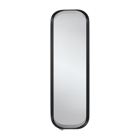 Narrow upright wall mirror with oval glass held in a black metal frame that curves away from the wall, on a plain background.