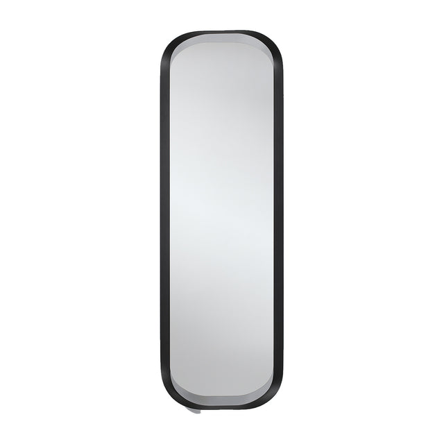 Narrow upright wall mirror with oval glass held in a black metal frame that curves away from the wall, on a plain background.