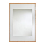 Rectangular mirror in a solid oak frame with a wide partly transparent border around the mirrored centre, on a plain background.