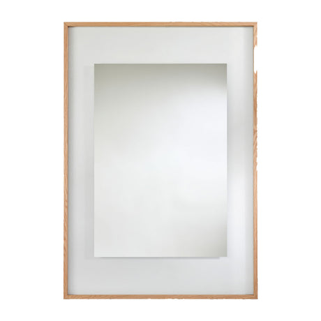 Rectangular mirror in a solid oak frame with a wide partly transparent border around the mirrored centre, on a plain background.