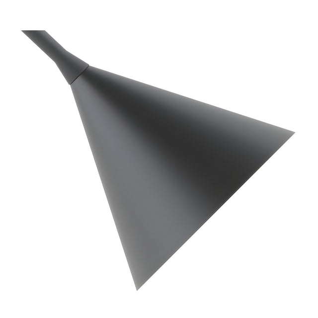 Rubi Mono Side Cone Pendant with angled conical shade on a curved stem, matt black and gold iron finish, shown on a plain white background.