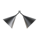 Rubi Duo Cone Pendant light with two matt black cone shades angled outward from a slim rod, gold interior finish, iron structure, on a plain white background.