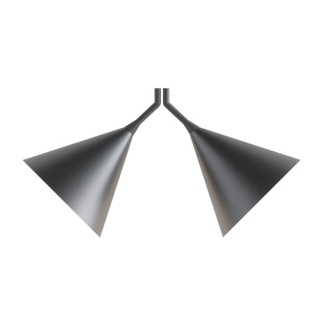 Rubi Duo Cone Pendant light with two matt black cone shades angled outward from a slim rod, gold interior finish, iron structure, on a plain white background.