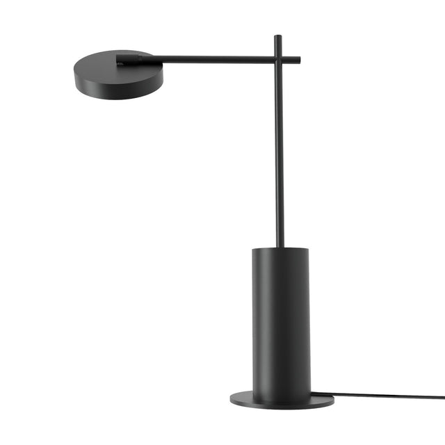 Rafaela LED Disc Table Lamp in matt black with a flat round disc head on a slim arm, crossing an upright stem on a cylindrical base, shown against a plain white background.