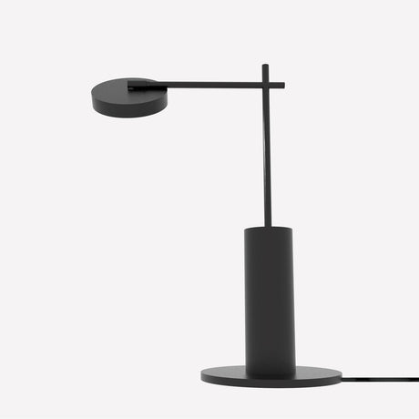 Rafaela LED Disc Table Lamp in matt black, featuring a round flat head on a slim horizontal arm crossing an upright stem from a cylindrical base, shown on a plain white background.