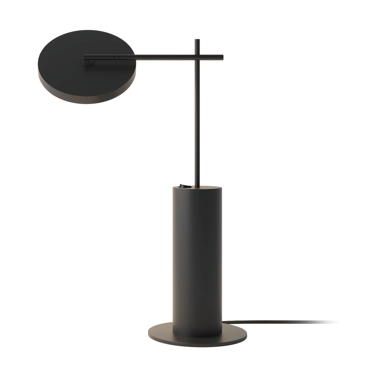 Rafaela LED Disc Table Lamp in matt black, featuring a flat round disc head on a slim arm crossing an upright stem, set on a cylindrical base, shown on a plain white background.