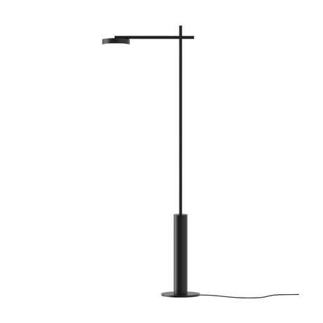 Rafaela LED Disc Floor Lamp in matt black, slim iron upright on a round base with a horizontal arm holding a flat aluminium disc head, shown against a plain white background.