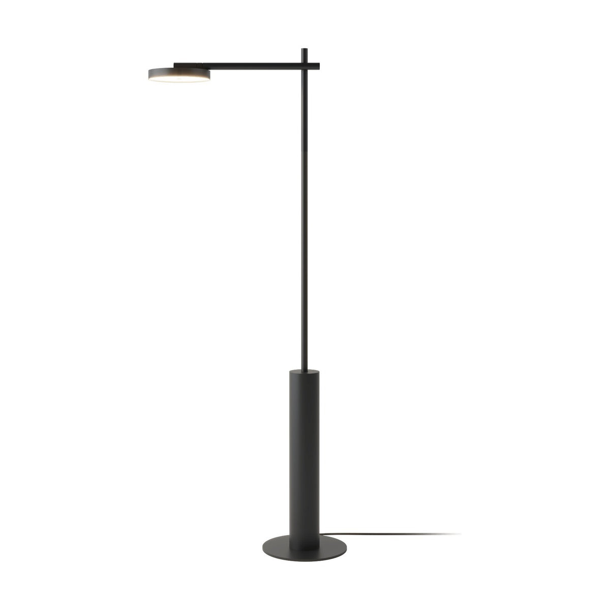 Rafaela LED Disc Floor Lamp in matt black, with a slim iron upright on a cylindrical base and a horizontal arm holding an angled LED disc head, shown on a plain white background.