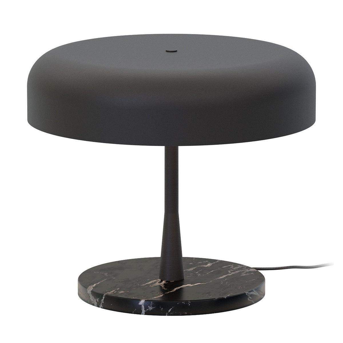 Rea 3 Light Dome Mushroom Table Lamp with a wide matt black aluminium dome shade on a slim tapered stem, set on a round dark marble base, shown against a plain white background.