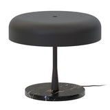 Rea 3 Light Dome Mushroom Table Lamp with a wide matt black aluminium dome shade on a slim tapered stem, set on a round dark marble base, shown against a plain white background.