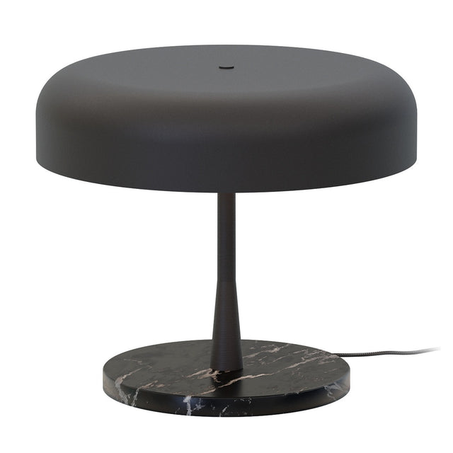Rea 3 Light Dome Mushroom Table Lamp with a wide matt black aluminium dome shade on a slim tapered stem, set on a round dark marble base, shown against a plain white background.