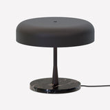 Rea 3 Light Dome Mushroom Table Lamp with wide matt black aluminium dome shade on a slim stem, set on a round dark marble base, shown on a plain white background.