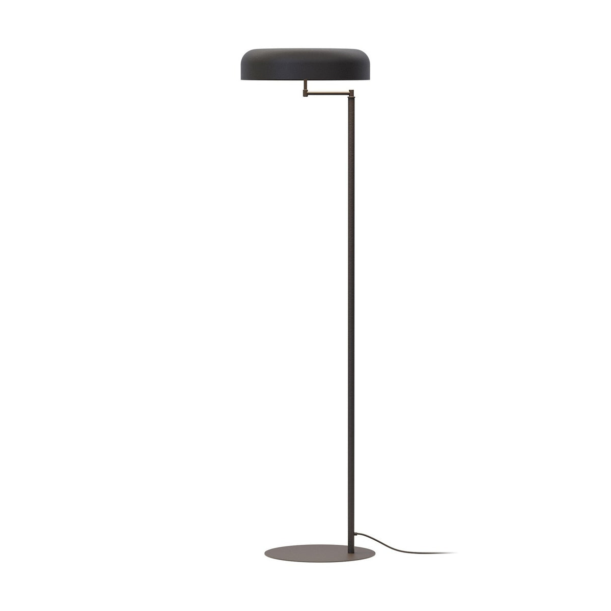 Rea floor lamp with a shallow matt black aluminium dome shade on an adjustable swing arm, slim iron stem, and round flat base, shown against a plain white background.