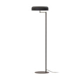 Rea floor lamp with a shallow matt black aluminium dome shade on an adjustable swing arm, slim iron stem, and round flat base, shown against a plain white background.