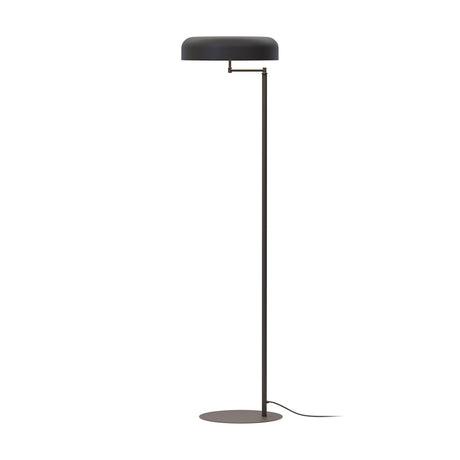 Rea floor lamp with a shallow matt black aluminium dome shade on an adjustable swing arm, slim iron stem, and round flat base, shown against a plain white background.