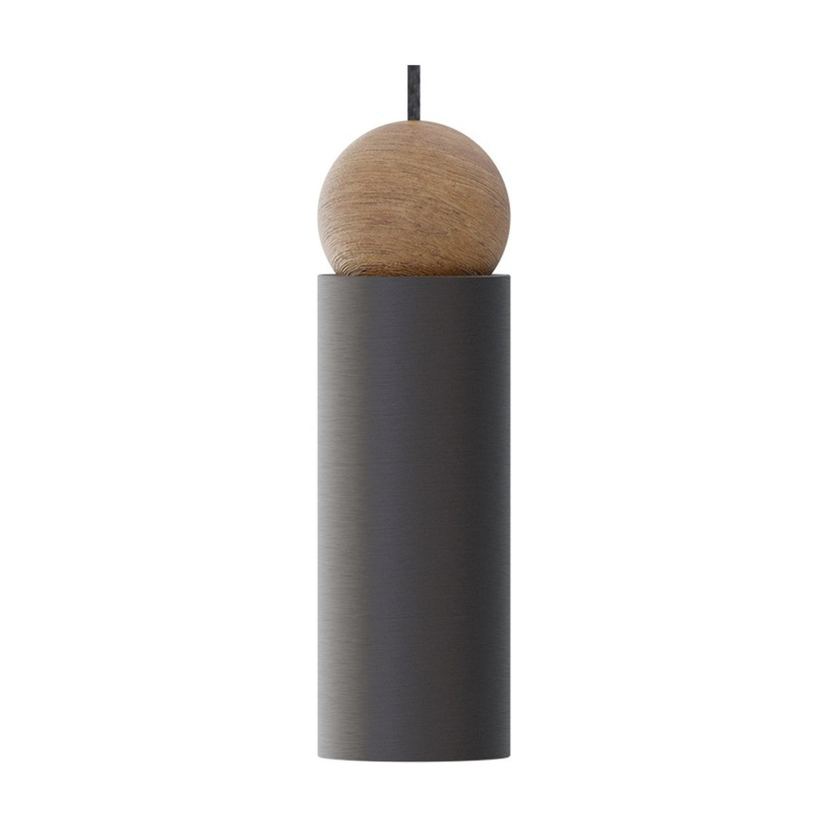 Rocio Wood Pendant Light in matt black, featuring a slim cylindrical tube with a round ash wood ball on top, hanging from a textile cable, shown on a plain white background.