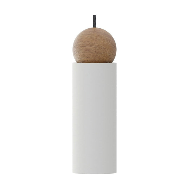 Rocio Wood Pendant Light in matt white, a slim cylindrical shade topped with an ash wood ball, GU10 fitting, shown against a plain white background.