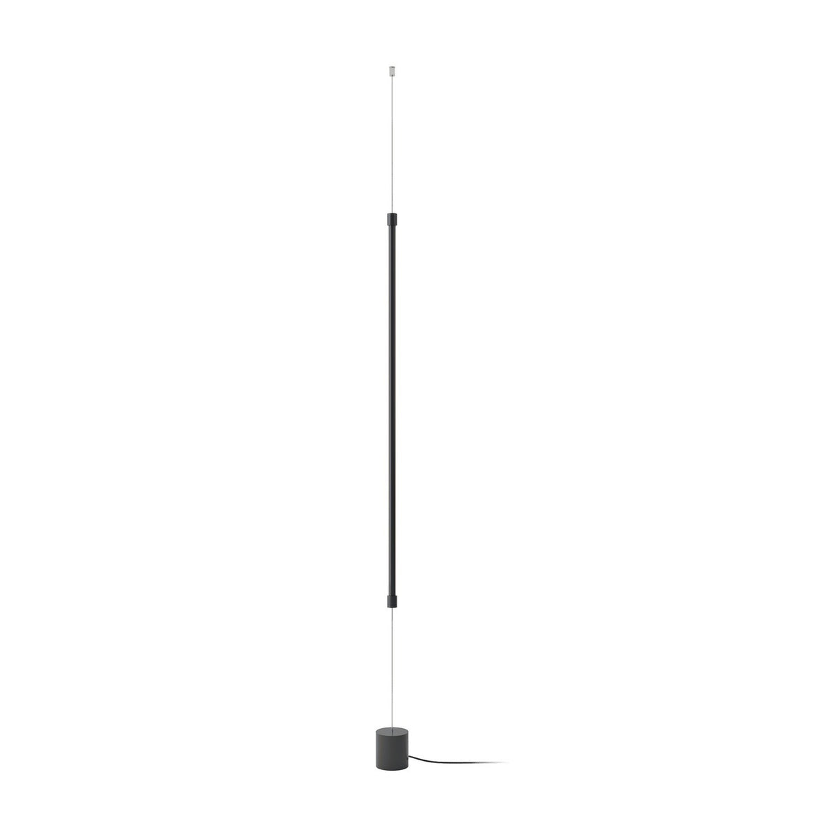 René LED Floor Lamp in matt black, a slim aluminium bar on a cylindrical iron base, tensioned by a ceiling cable, shown against a plain white background.