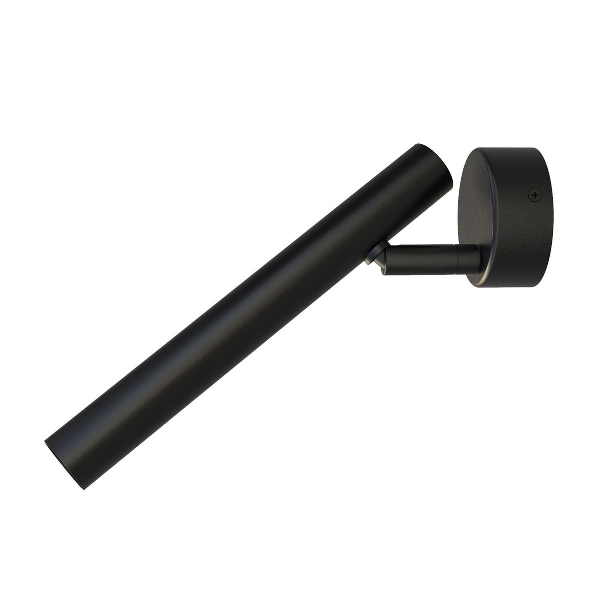 Rui LED Adjustable Wall Light with Reading Light in matt black, showing a slim cylindrical tube on a pivoting arm from a round wall plate, on a plain white background.
