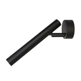 Rui LED Adjustable Wall Light with Reading Light in matt black, showing a slim cylindrical tube on a pivoting arm from a round wall plate, on a plain white background.