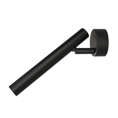 Rui LED Adjustable Wall Light with Reading Light in matt black, showing a slim cylindrical tube on a pivoting arm from a round wall plate, on a plain white background.