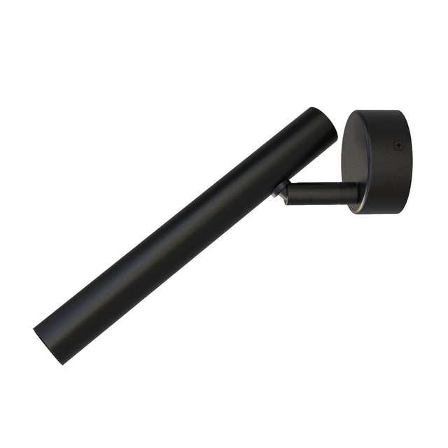 Rui LED Adjustable Wall Light with Reading Light in matt black, showing a slim cylindrical tube on a pivoting arm from a round wall plate, on a plain white background.
