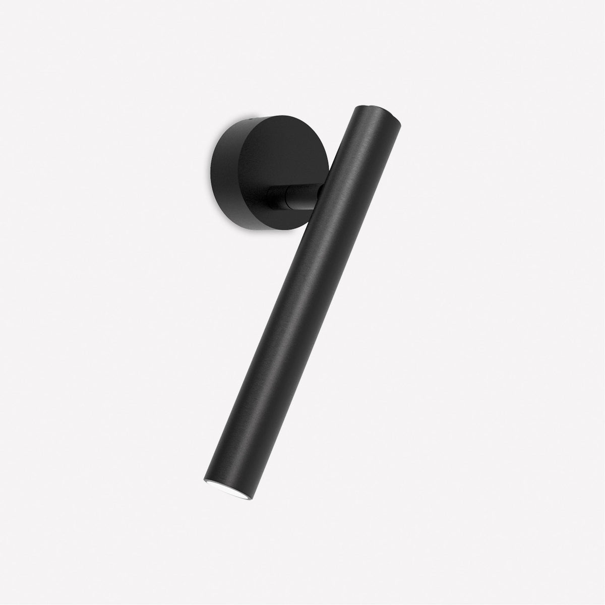 Rui LED Adjustable Wall Light in matt black, showing a slim cylindrical tube on a pivoting arm from a round wall plate, set against a plain white background.