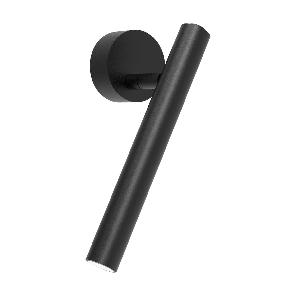 Rui LED Adjustable Wall Light with Reading Light in matt black, showing the slim pivoting tube and integrated LED mounted on a round wall plate against a plain white background.