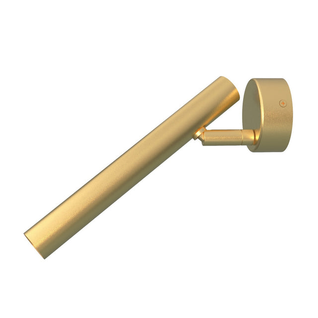 Rui LED Adjustable Wall Light in gold, featuring a slim cylindrical tube on a pivoting arm attached to a round wall base, shown on a plain white background.