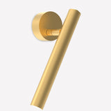 Rui LED Adjustable Wall Light in gold, showing a round wall base with a slim cylindrical tube pivoting on a short arm, set against a plain white background.