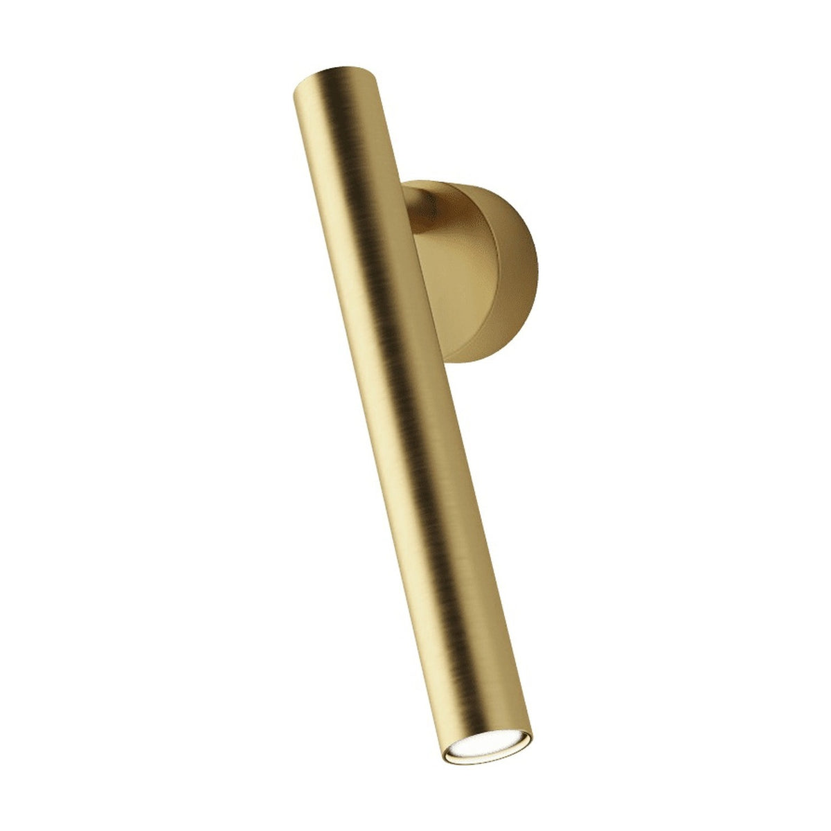 Rui LED Adjustable Wall Light in gold, a slim cylindrical tube on a round wall base, pivoting for directional reading light, shown on a plain white background.
