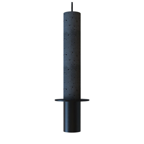 Rita Disc Pendant with Concrete Structure in black, featuring a tall cylindrical concrete column, flat iron disc, and open iron head on a textile cable, shown on a plain white background.