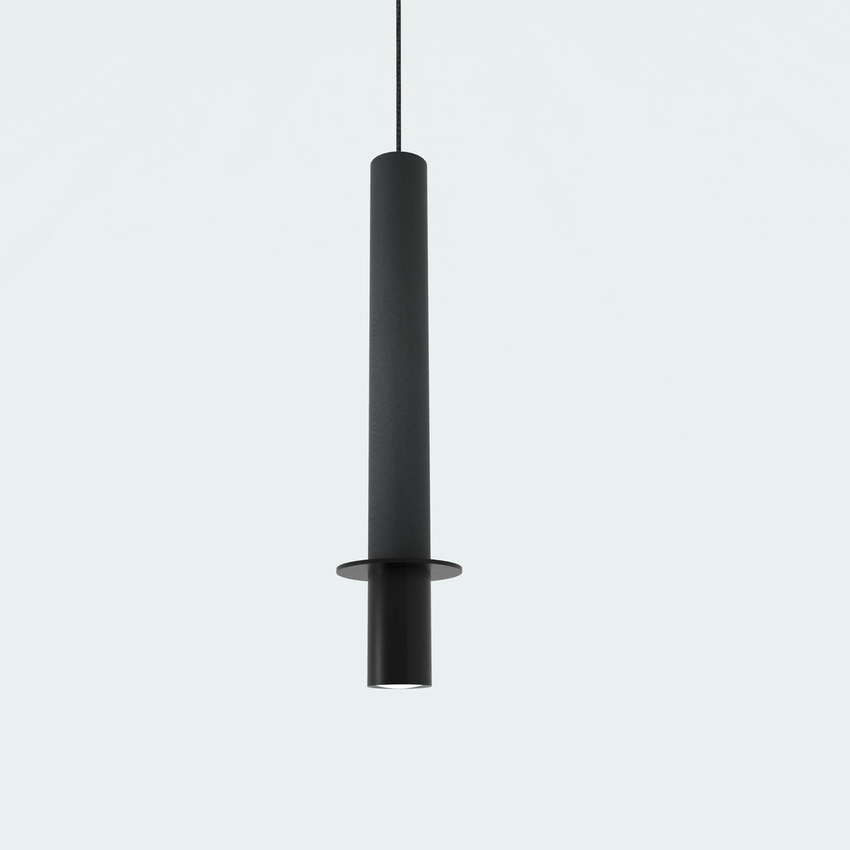 Rita Disc Pendant with Concrete Structure in black, a slim column with a flat disc above an open iron head, GU10 fitting, shown on a plain light grey background.