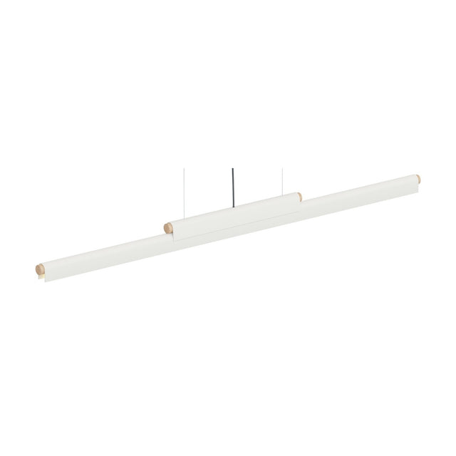 Rudi LED Linear Pendant Light in matt white, a slim tubular fixture with a shorter overlapping bar, rounded wood-capped ends, suspended on thin cables.