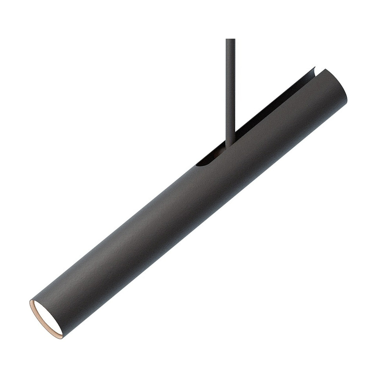 Rhoda Adjustable Linear Pendant Light in matt black iron, a slim angled tube shade on a rigid rod with GU10 fitting recessed at the open end, shown on a white background.