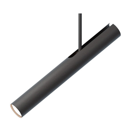 Rhoda Adjustable Linear Pendant Light in matt black iron, a slim angled tube shade on a rigid rod with GU10 fitting recessed at the open end, shown on a white background.
