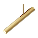 Rhoda Adjustable Linear Pendant Light in matt polished brass, showing a slim angled tubular shade on a straight rod from a round ceiling canopy, set against a plain white background.