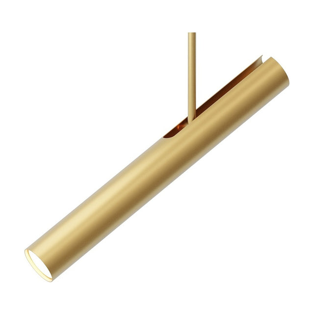 Rhoda Adjustable Linear Pendant Light in matt polished brass, showing a slim angled tubular shade on a straight rod from a round ceiling canopy, set against a plain white background.