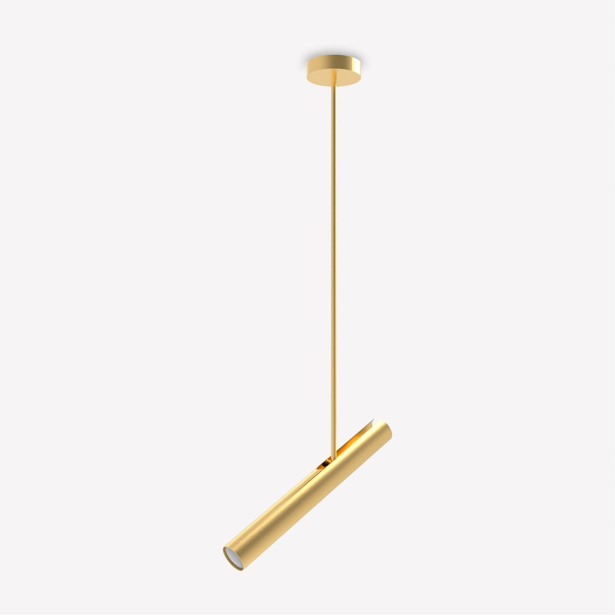 Rhoda Adjustable Linear Pendant Light in matt polished brass, with a slim tubular spot-style shade angled on a thin drop rod from a round ceiling canopy, shown on a plain light grey background.