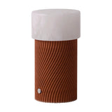 Rizzo LED Alabaster Rechargeable Table Lamp with a white cylindrical alabaster shade atop a spiral-ribbed Teka wood base and a small button control, shown on a plain white background.