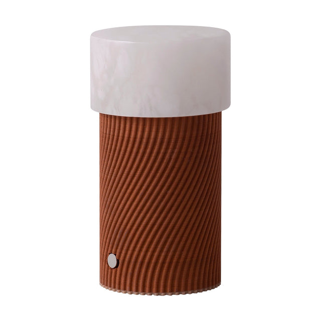 Rizzo LED Alabaster Rechargeable Table Lamp with a white cylindrical alabaster shade atop a spiral-ribbed Teka wood base and a small button control, shown on a plain white background.