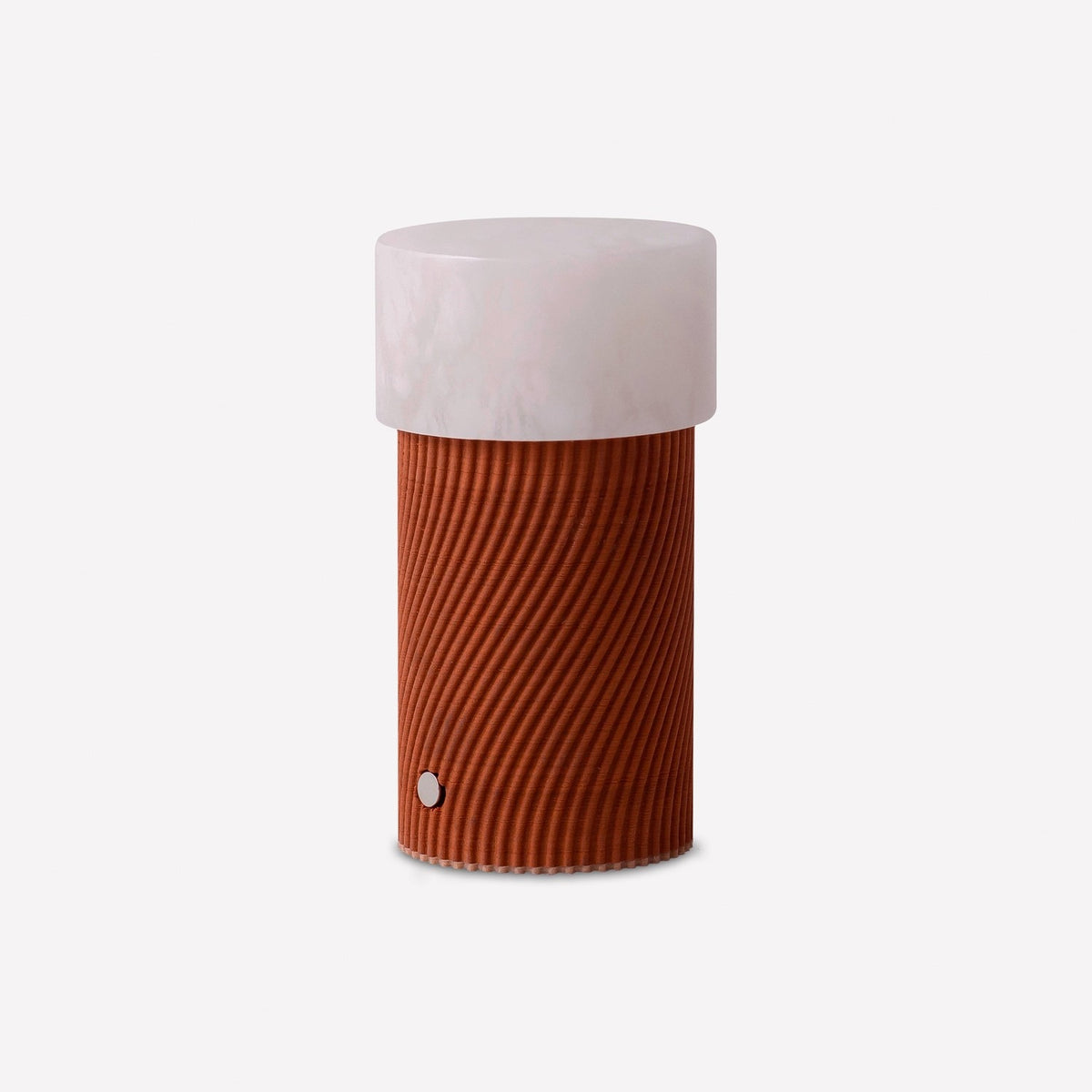 Rizzo LED Alabaster Rechargeable Table Lamp in Teka finish, with a white alabaster cylindrical shade atop a spiral-ribbed terracotta base, shown on a plain light background.