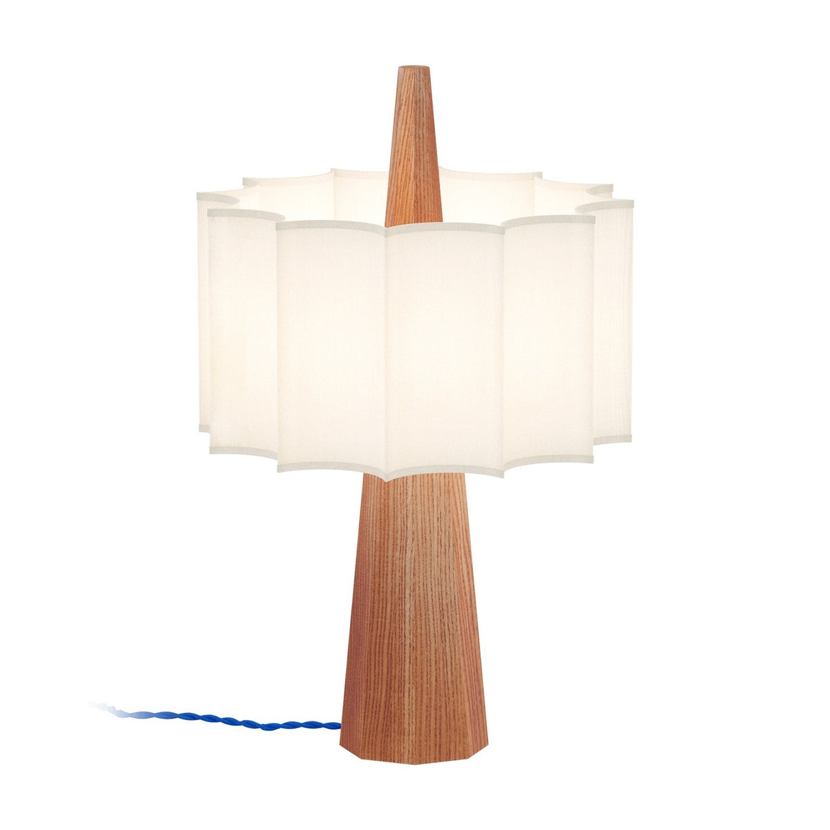Rain Scalloped Fabric Table Lamp in Chestnut, featuring a tapered wood base, central spire, and white scalloped fabric shade with blue textile cable, on a plain white background.