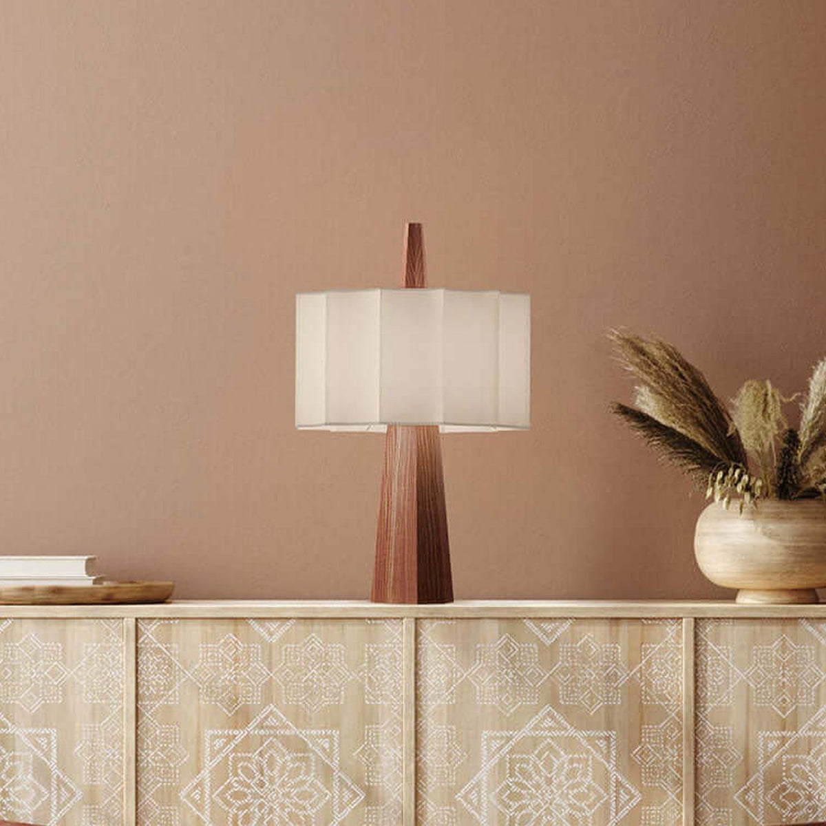 Rain Scalloped Fabric Table Lamp in Chestnut with tapered wood base, central spire and white scalloped fabric shade, shown on a sideboard in a warm-toned room.